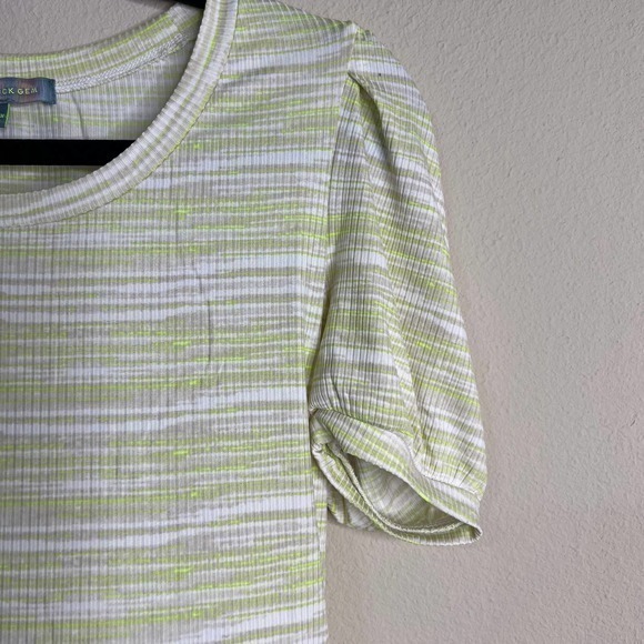 Good Luck Gem Striped Puff Sleeve Top Ribbed Knit Tee Chartreuse White M - Picture 6 of 10